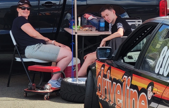 Alan's wife and pit-crew-of-one son at Pukekohe Park Raceway.