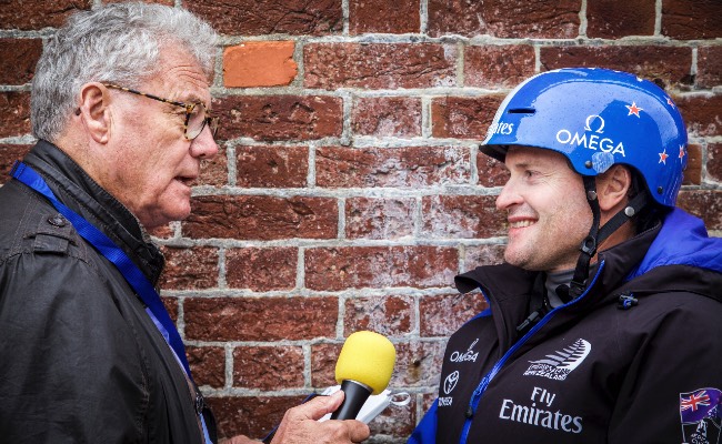 Paul Tobin's boss Peter Montgomery, the Voice of the America's Cup, conducting an interview.