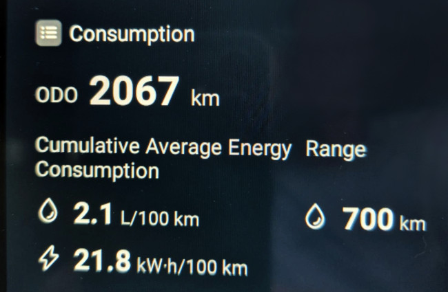 Photo of the digital dash in Dave's Shark showing cumulative average energy consumption after 2,067 km.